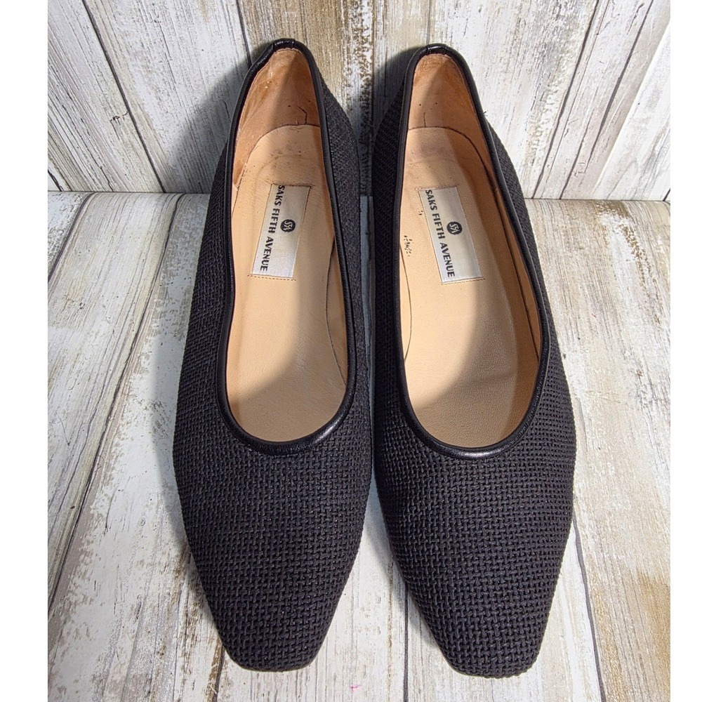 Saks Fifth Avenue Black Mesh Square Toe Low Block Heel Pumps Made in Italy - Picture 2 of 10